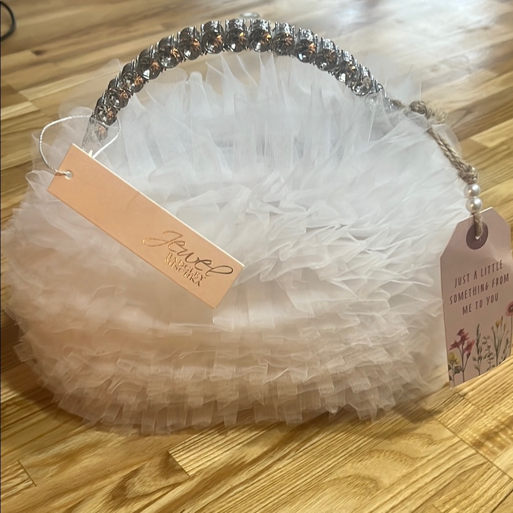Jewel Badgley Mischka White Clutch with White Tulle and Silver/Jeweled Handle